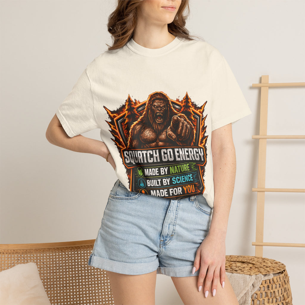 Squatch Go Energy T-Shirt — Sasquatch Vintage Badge Tee (Made by Nature • Built by Science)