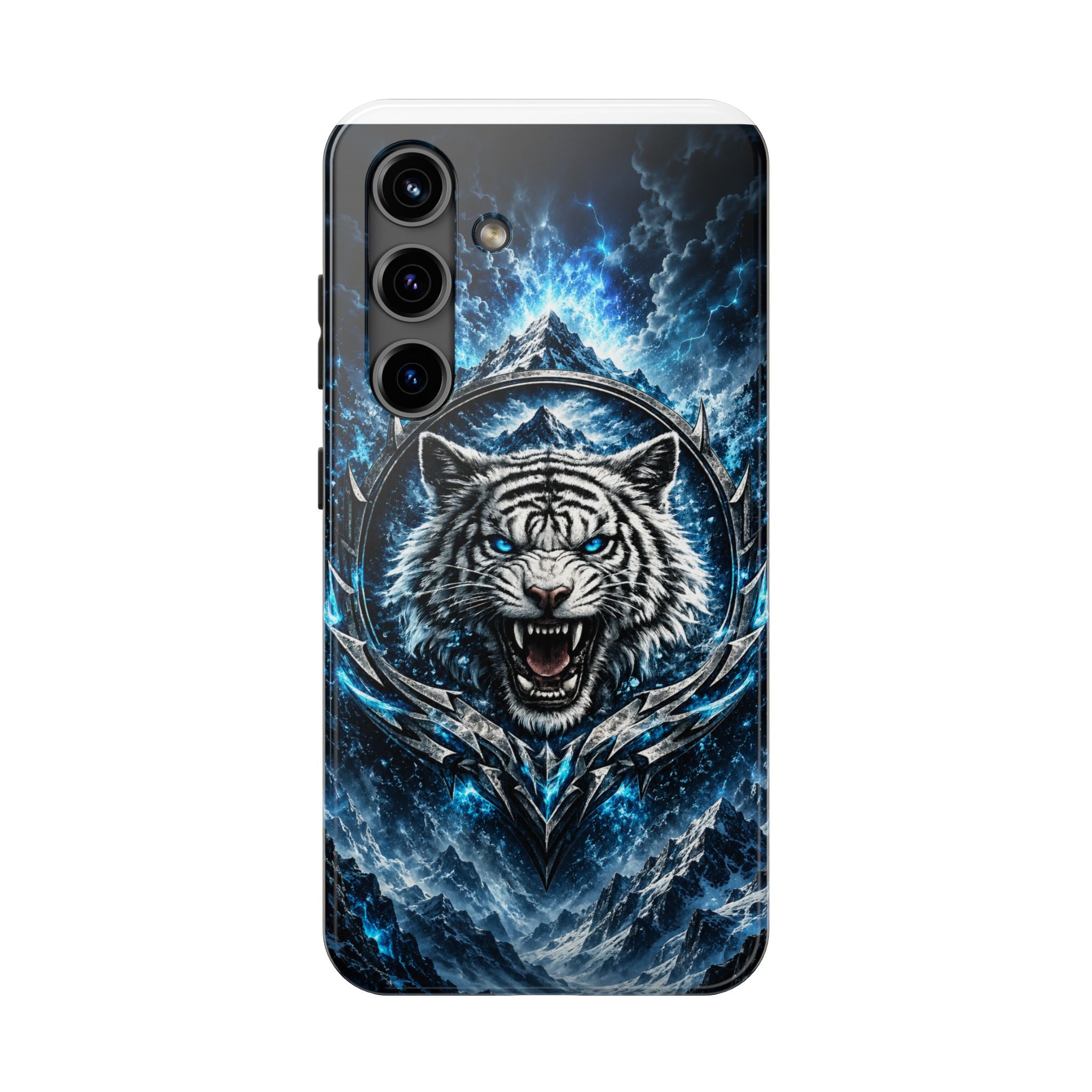 Blue White Tiger Tough Phone Case — Rugged Armor Cover with Fierce Snow Tiger Design