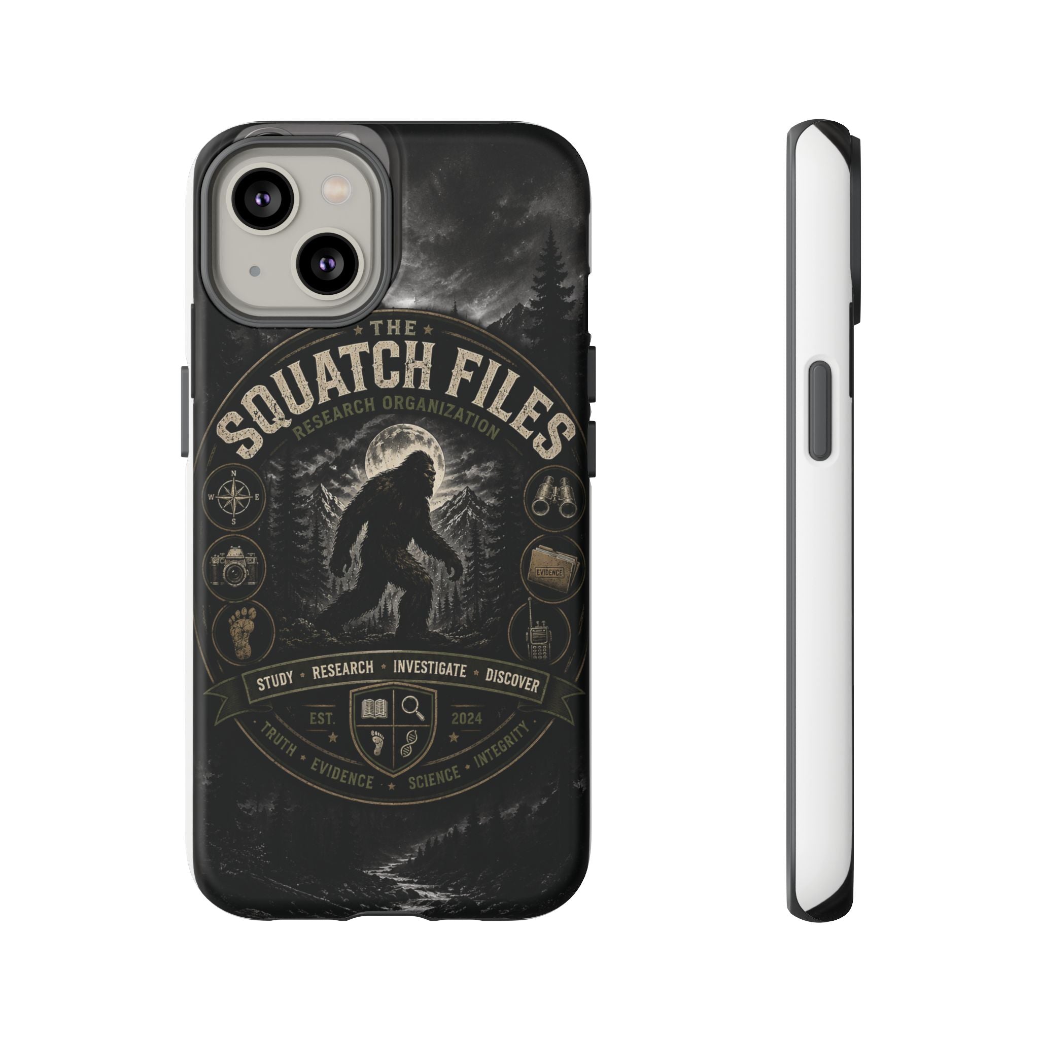 Squatch Files Research Organization Phone Case — Bigfoot Sasquatch Moonlit Forest Design