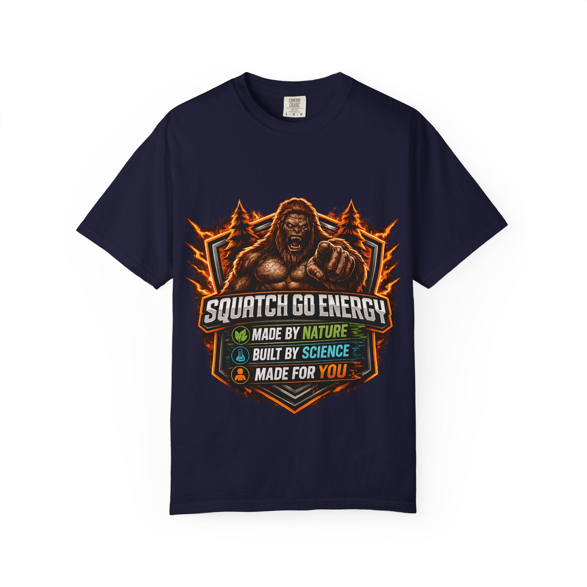 Squatch Go Energy T-Shirt — Sasquatch Vintage Badge Tee (Made by Nature • Built by Science)