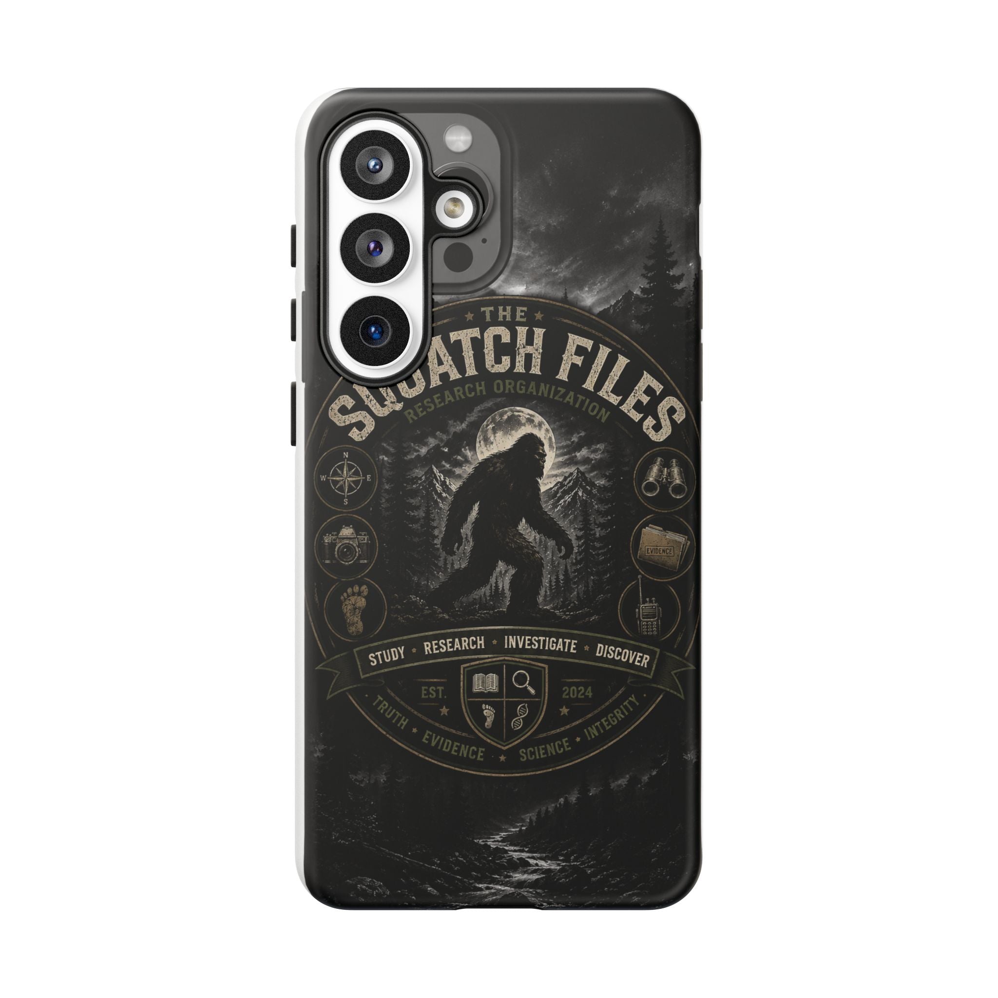 Squatch Files Research Organization Phone Case — Bigfoot Sasquatch Moonlit Forest Design