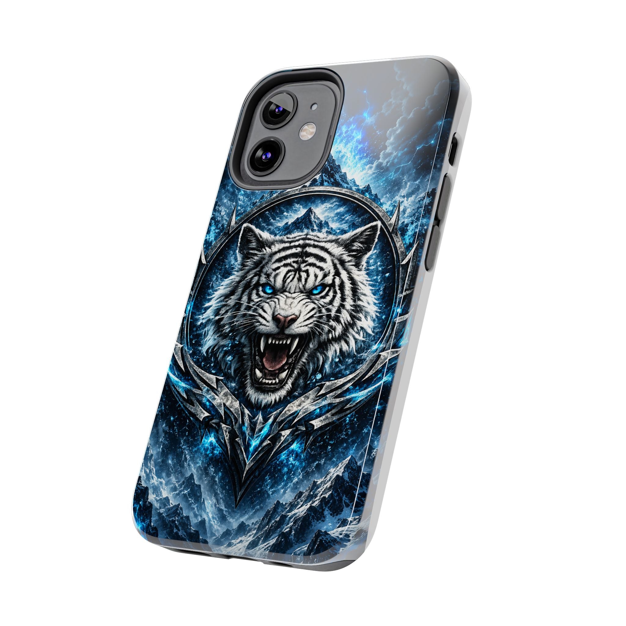 Blue White Tiger Tough Phone Case — Rugged Armor Cover with Fierce Snow Tiger Design