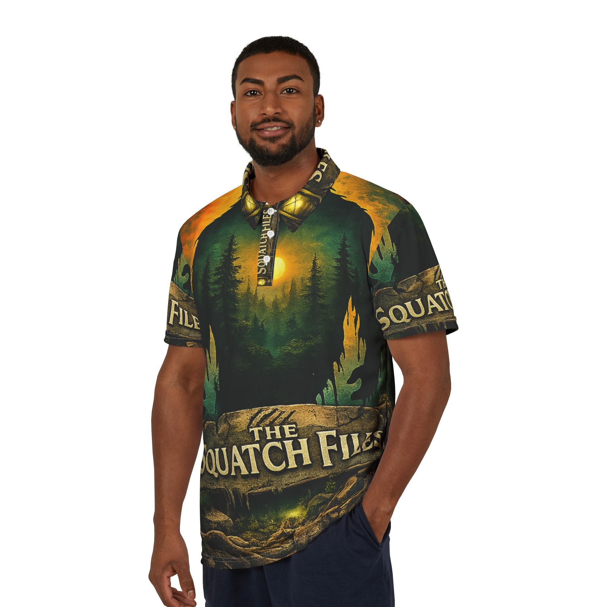 Sasquatch Polo Shirt — "The Squatch Files" All-Over-Print Outdoor Tee