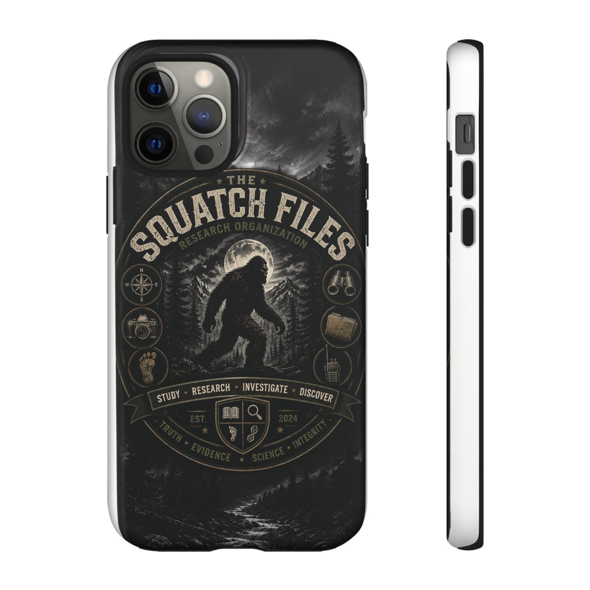 Squatch Files Research Organization Phone Case — Bigfoot Sasquatch Moonlit Forest Design