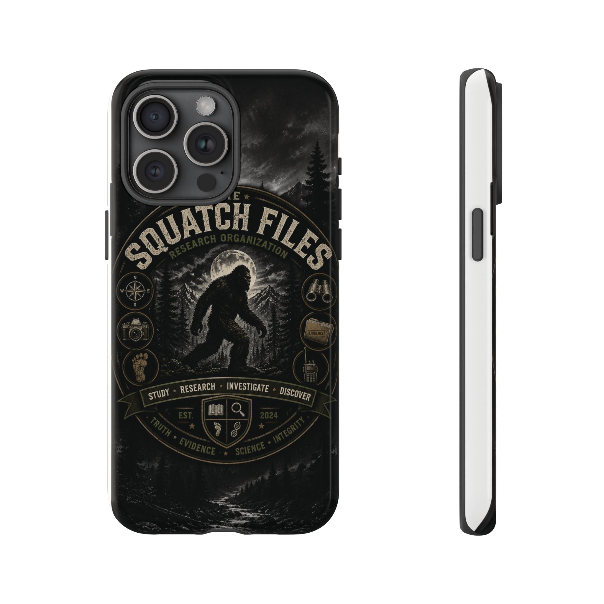 Squatch Files Research Organization Phone Case — Bigfoot Sasquatch Moonlit Forest Design