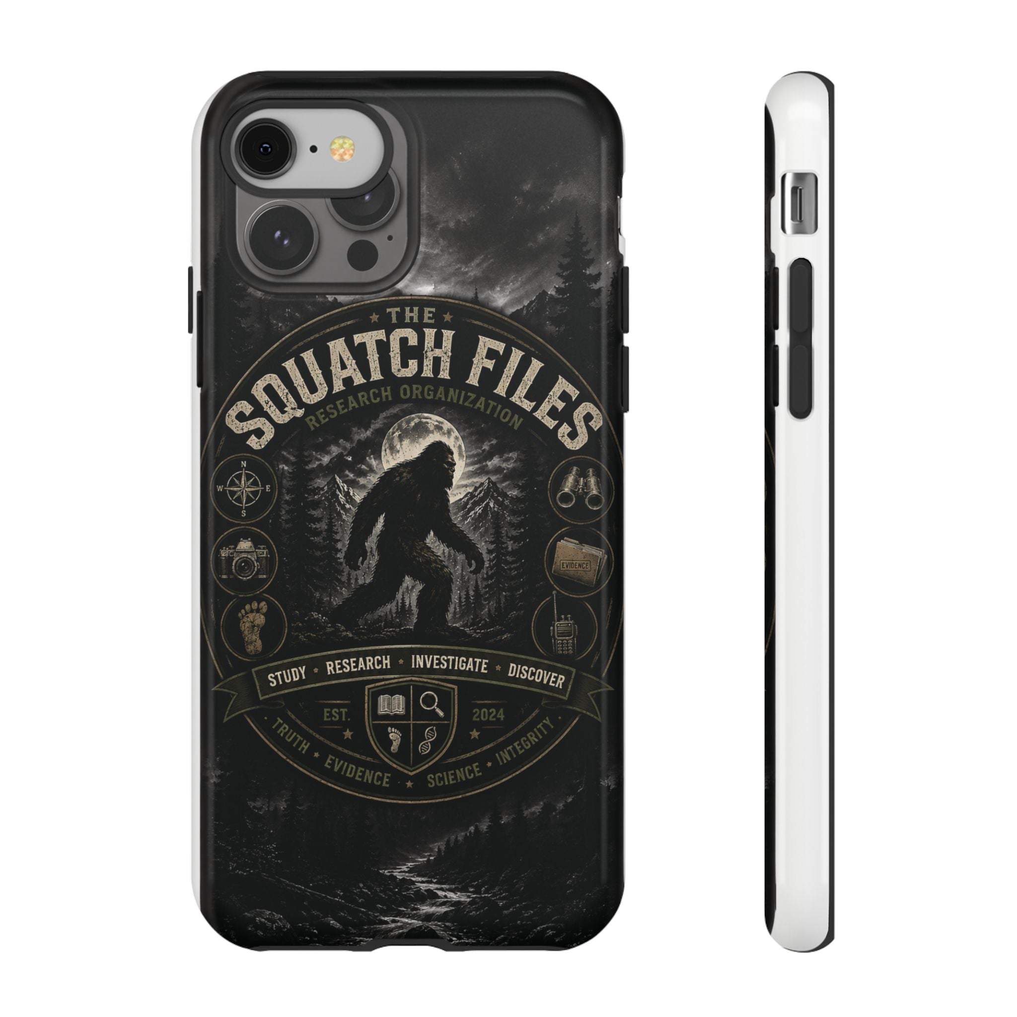 Squatch Files Research Organization Phone Case — Bigfoot Sasquatch Moonlit Forest Design