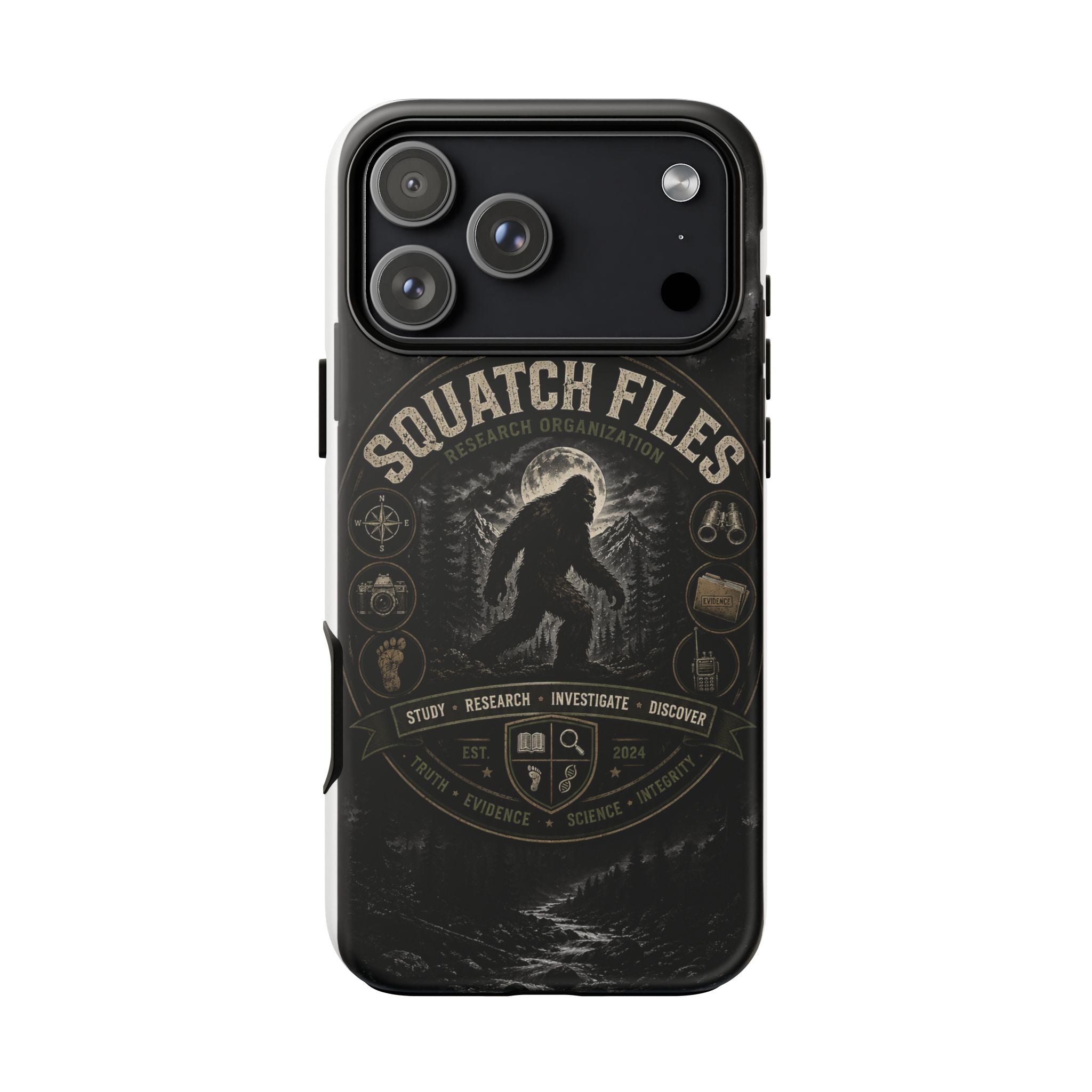 Squatch Files Research Organization Phone Case — Bigfoot Sasquatch Moonlit Forest Design
