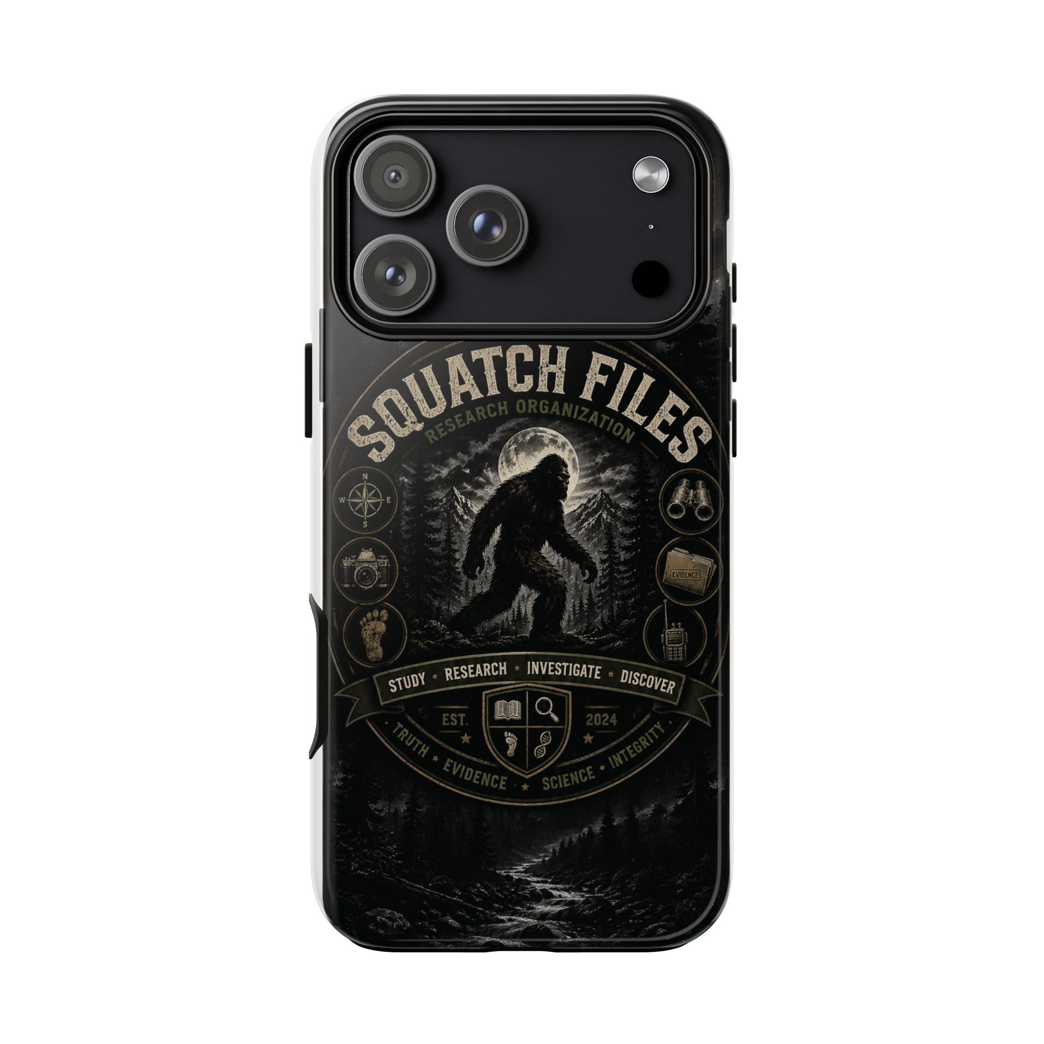 Squatch Files Research Organization Phone Case — Bigfoot Sasquatch Moonlit Forest Design