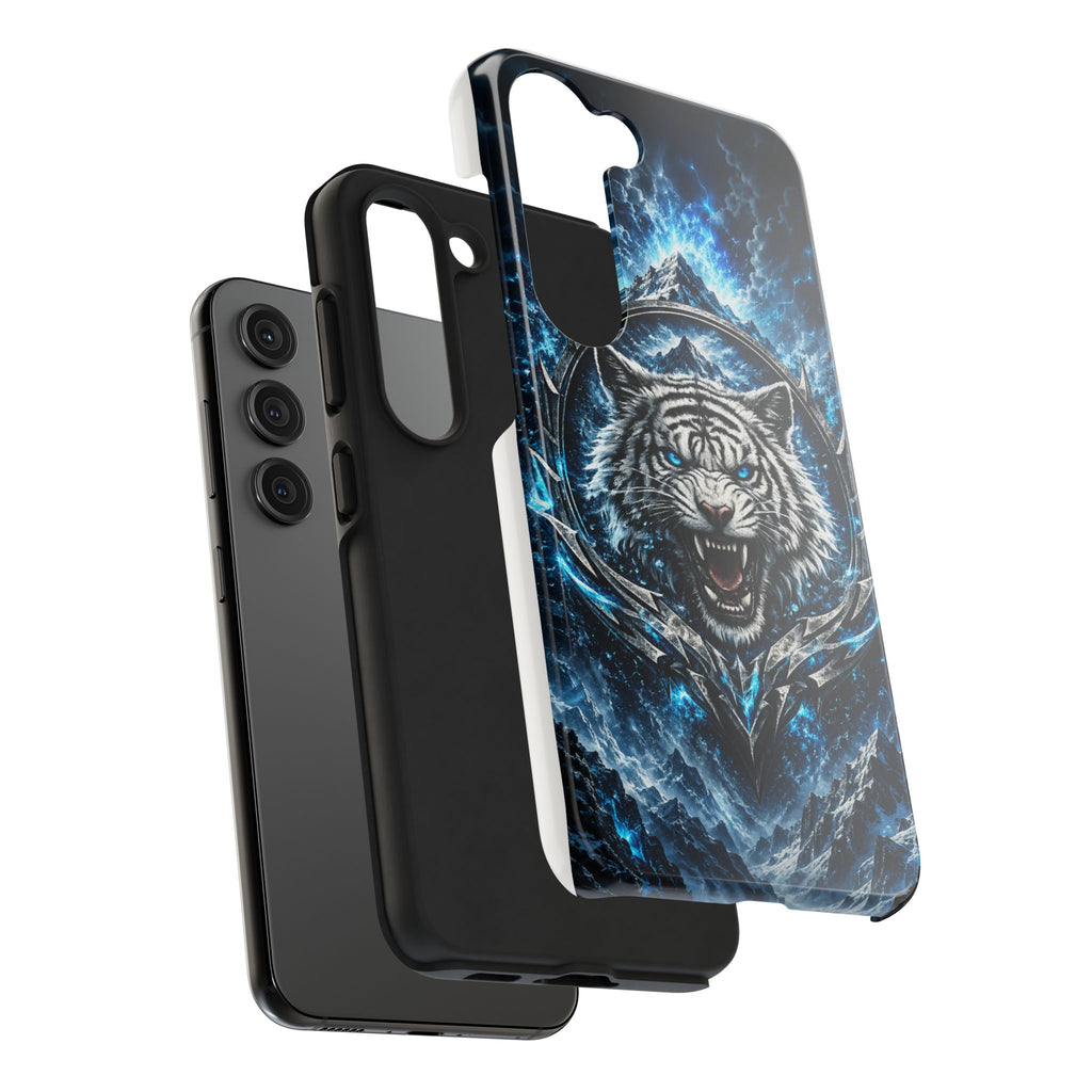 Blue White Tiger Tough Phone Case — Rugged Armor Cover with Fierce Snow Tiger Design