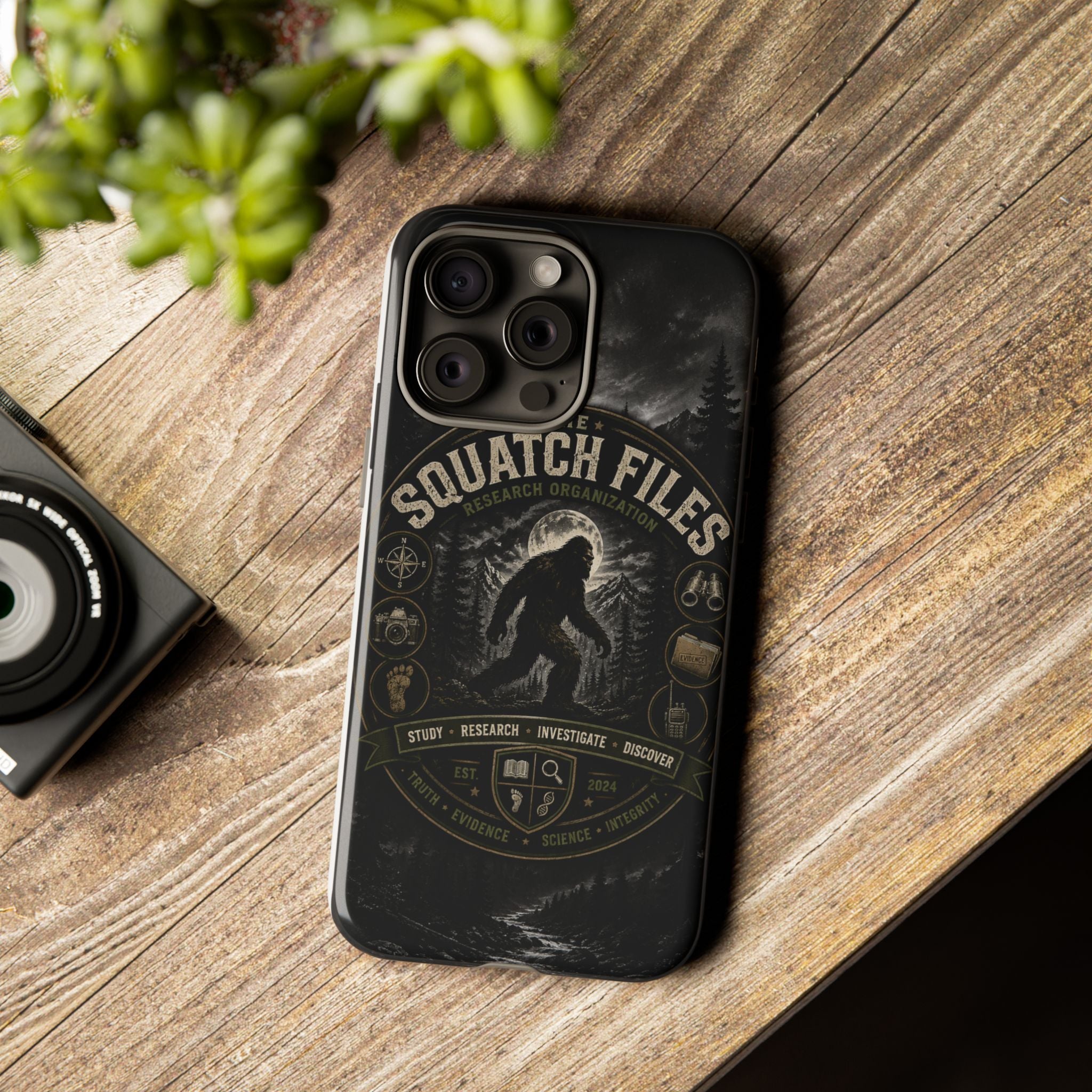 Squatch Files Research Organization Phone Case — Bigfoot Sasquatch Moonlit Forest Design