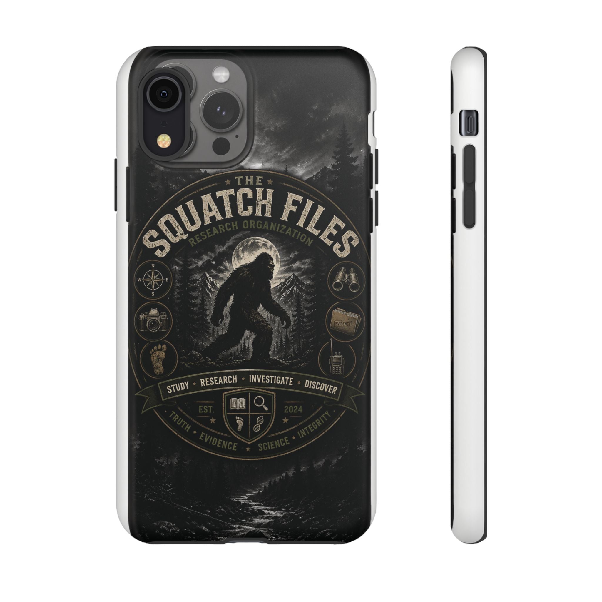 Squatch Files Research Organization Phone Case — Bigfoot Sasquatch Moonlit Forest Design