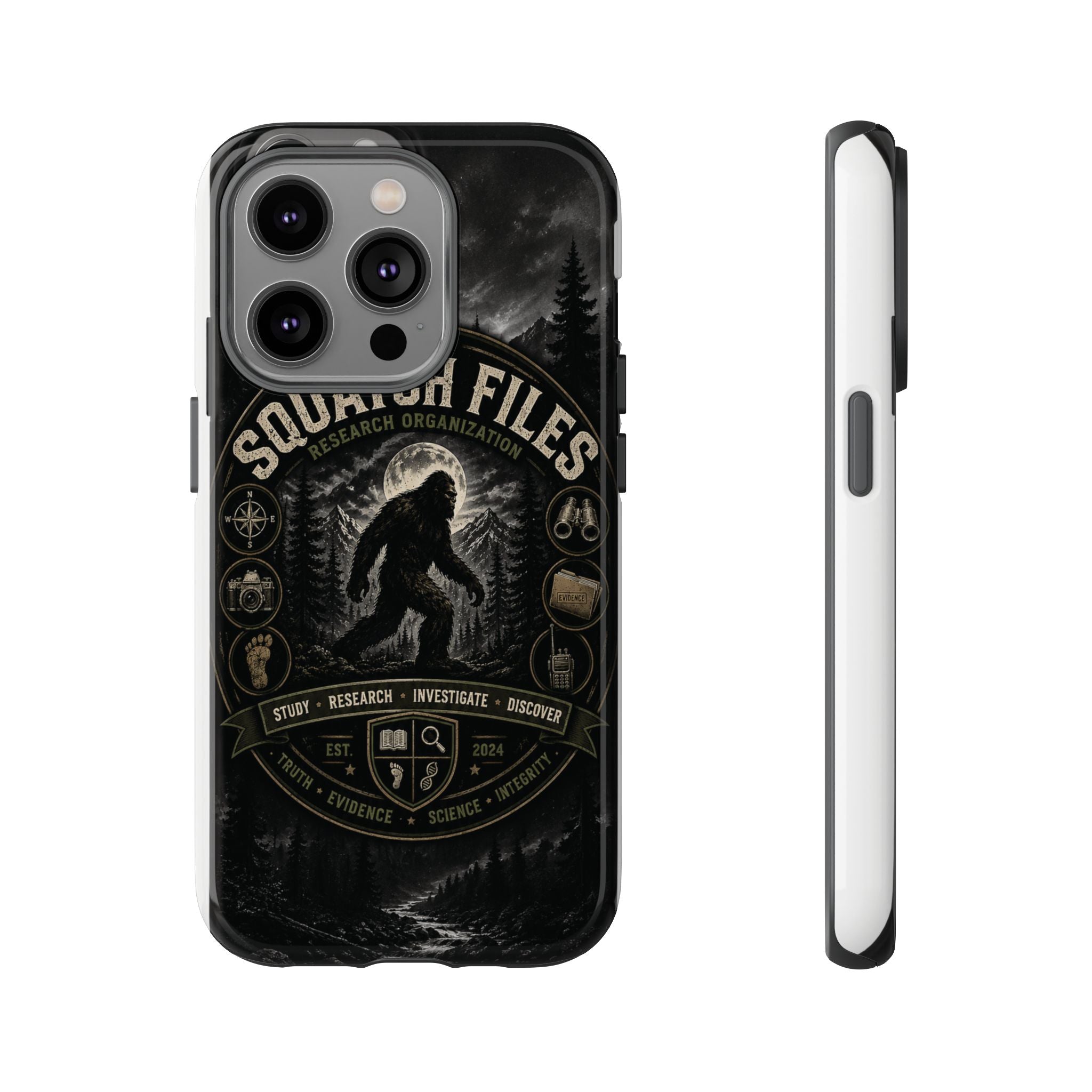 Squatch Files Research Organization Phone Case — Bigfoot Sasquatch Moonlit Forest Design