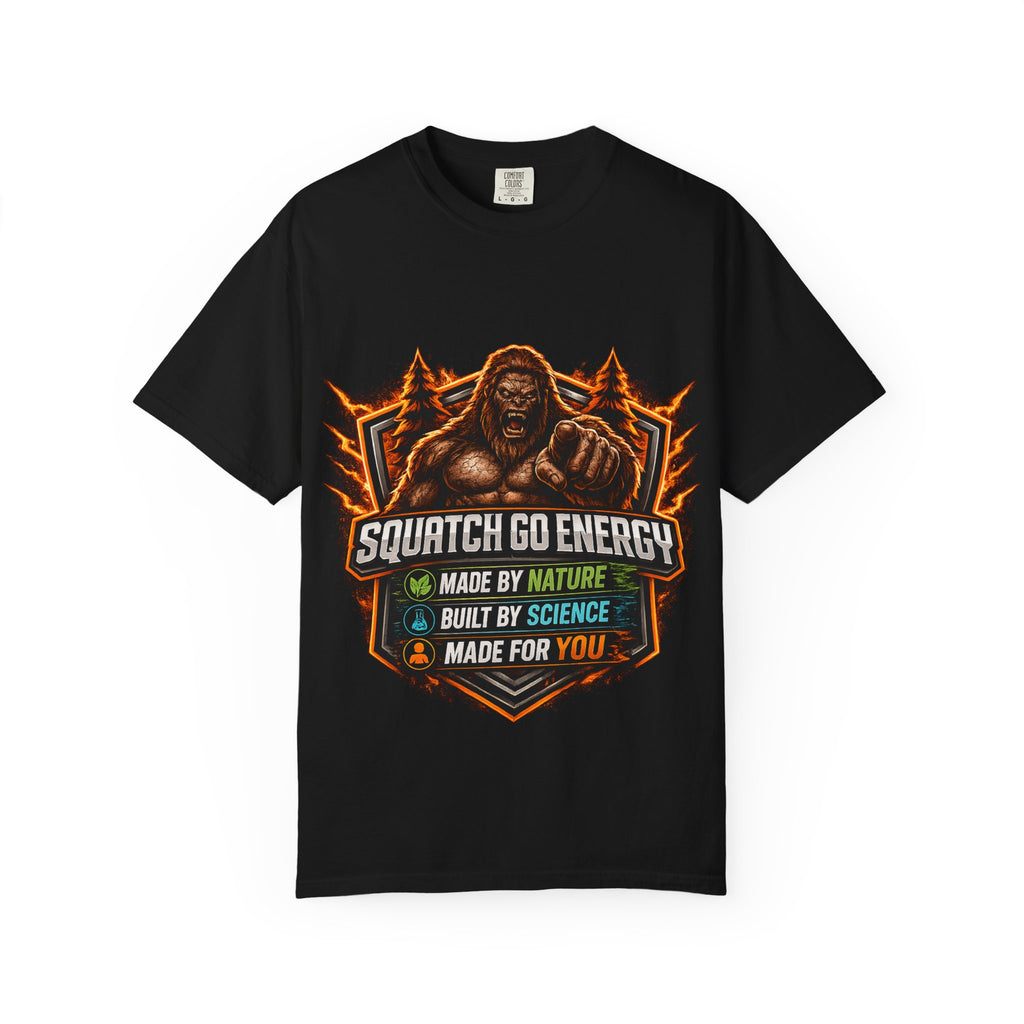 Squatch Go Energy T-Shirt — Sasquatch Vintage Badge Tee (Made by Nature • Built by Science)