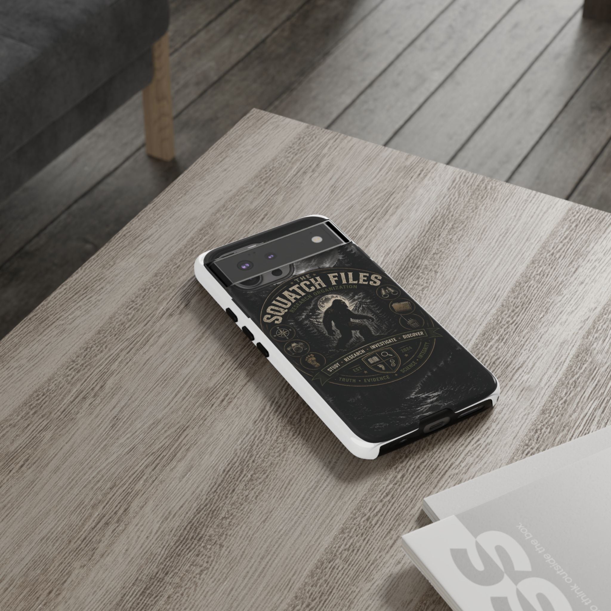 Squatch Files Research Organization Phone Case — Bigfoot Sasquatch Moonlit Forest Design