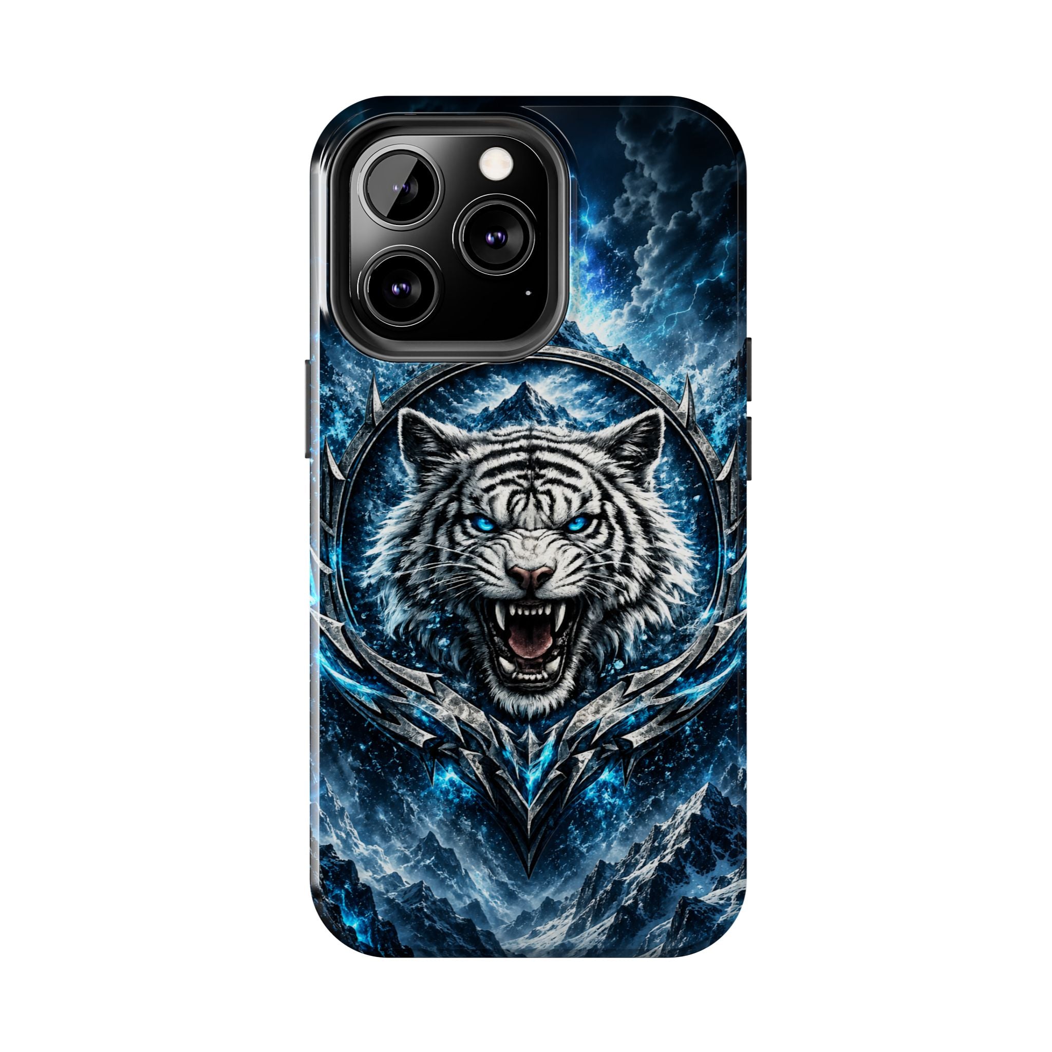 Blue White Tiger Tough Phone Case — Rugged Armor Cover with Fierce Snow Tiger Design
