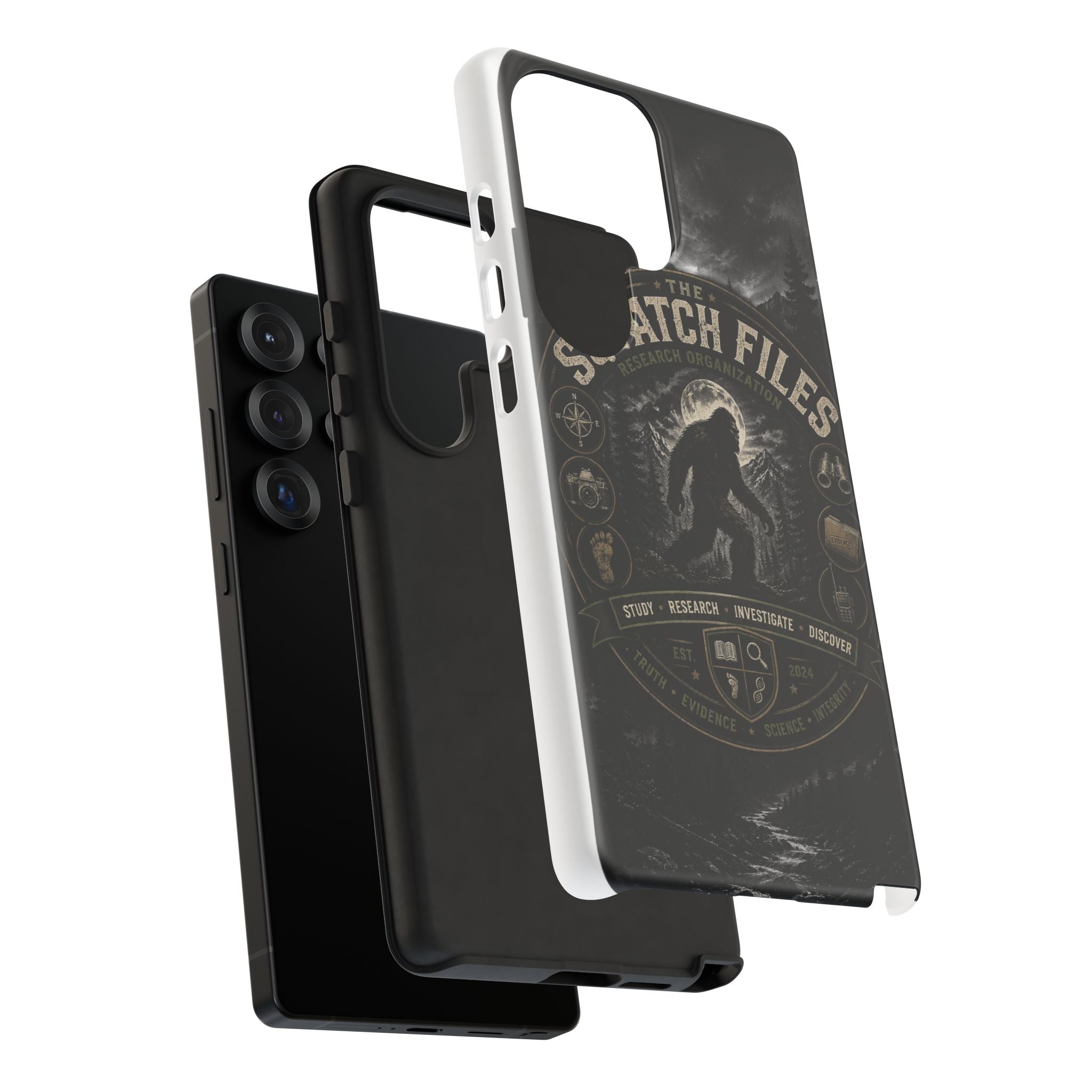Squatch Files Research Organization Phone Case — Bigfoot Sasquatch Moonlit Forest Design