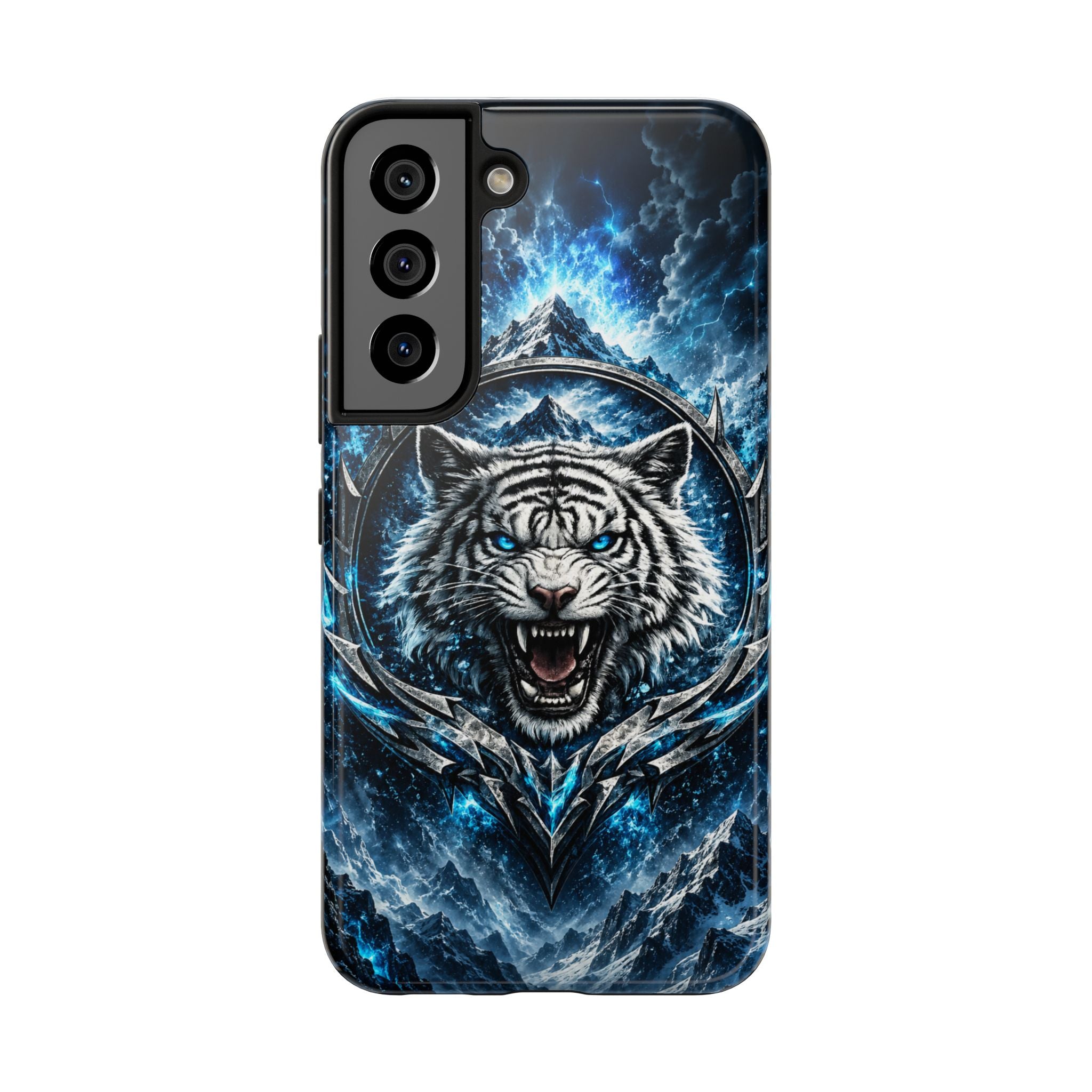 Blue White Tiger Tough Phone Case — Rugged Armor Cover with Fierce Snow Tiger Design