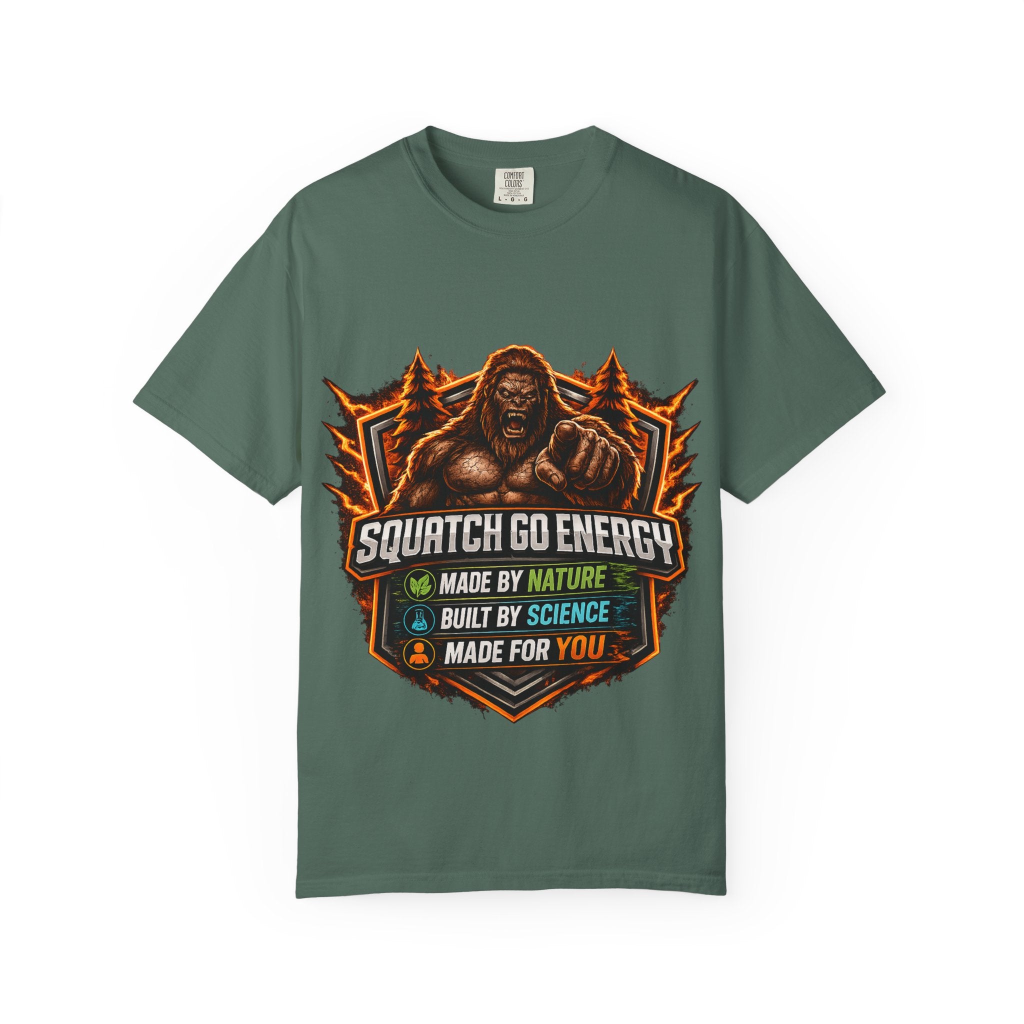 Squatch Go Energy T-Shirt — Sasquatch Vintage Badge Tee (Made by Nature • Built by Science)