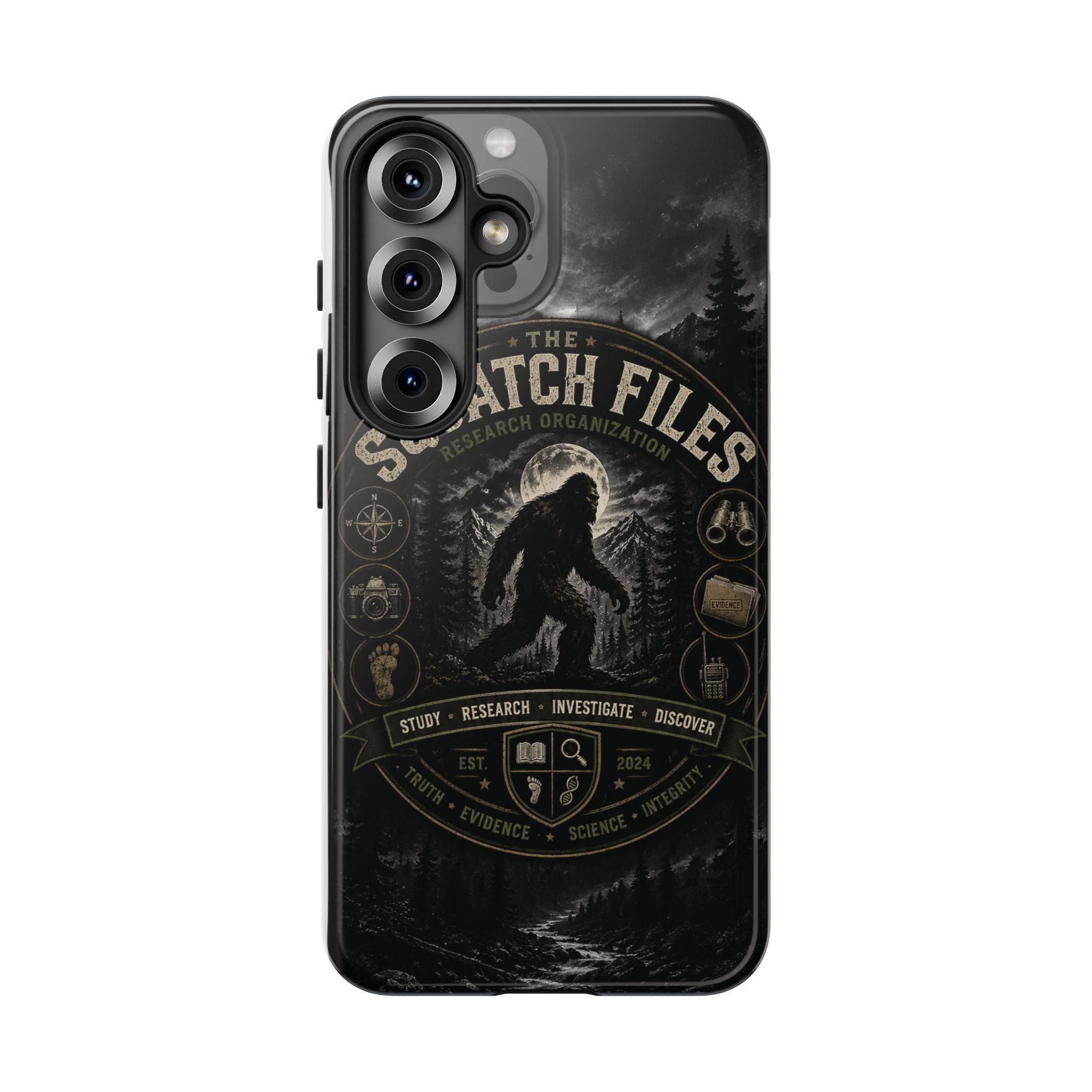 Squatch Files Research Organization Phone Case — Bigfoot Sasquatch Moonlit Forest Design
