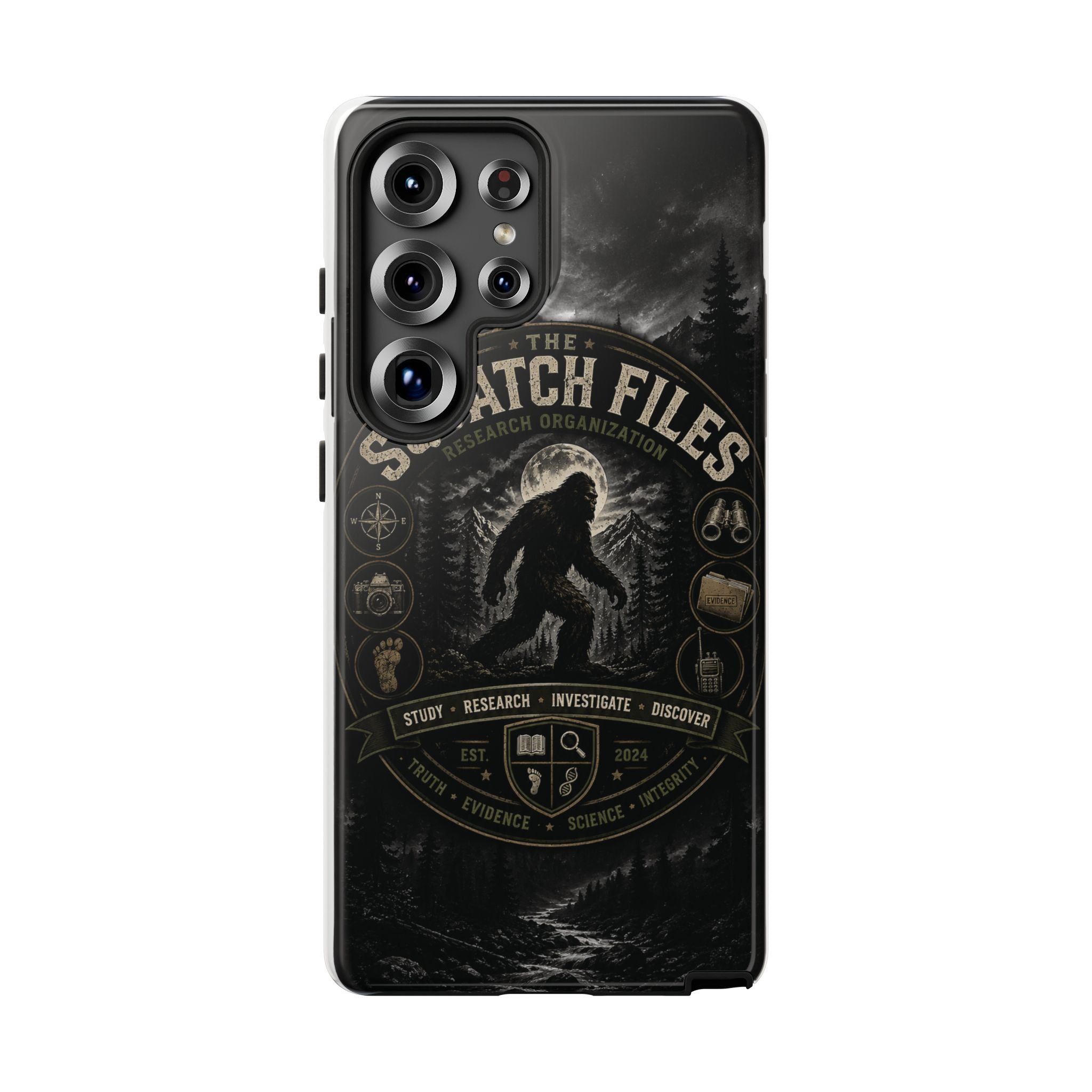 Squatch Files Research Organization Phone Case — Bigfoot Sasquatch Moonlit Forest Design