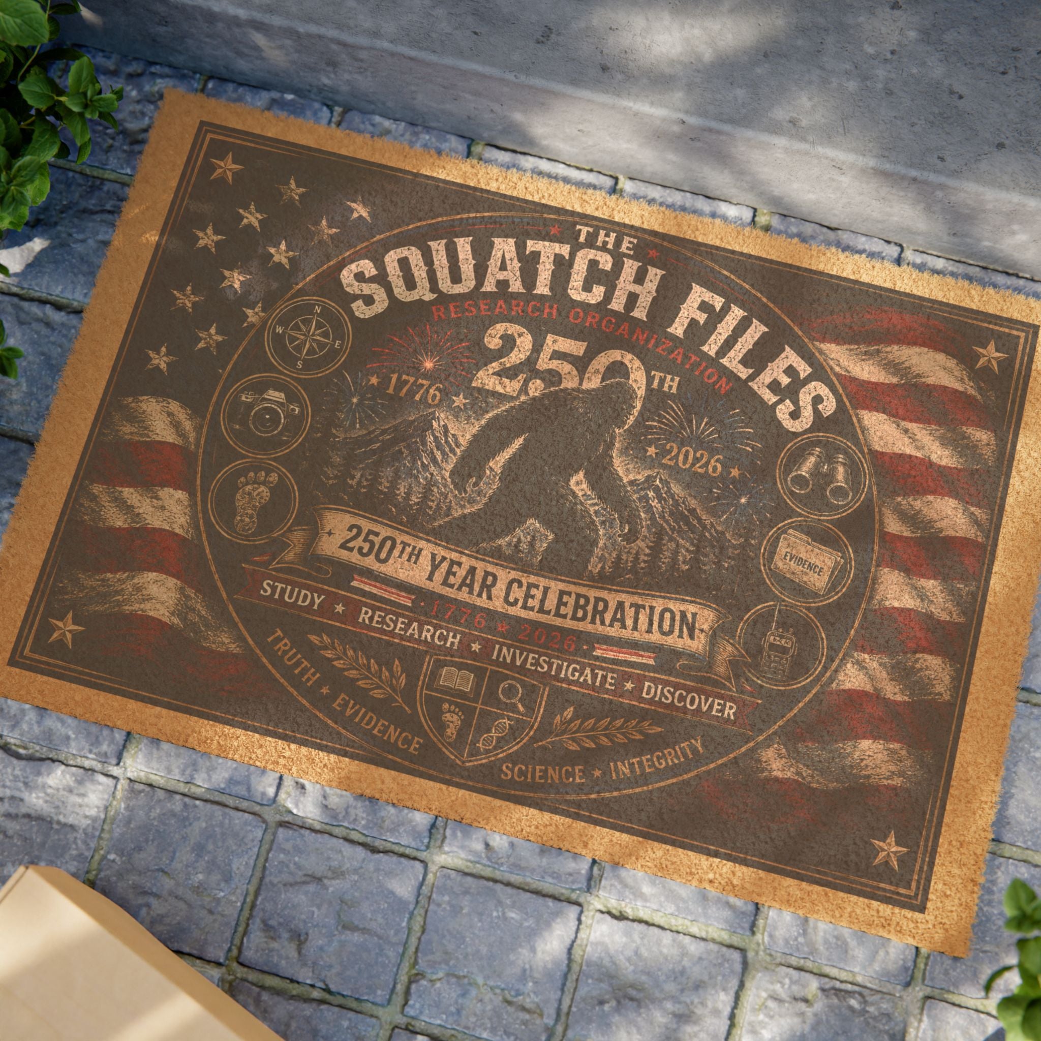 Sasquatch Files 250th Celebration Doormat — Patriotic Bigfoot Welcome Mat