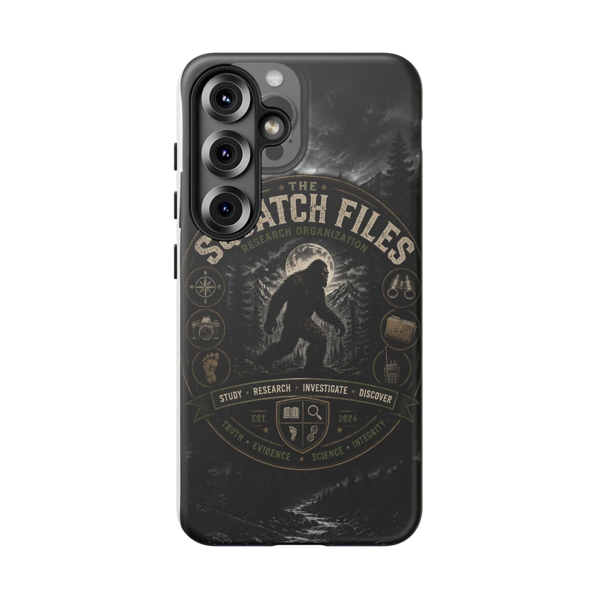 Squatch Files Research Organization Phone Case — Bigfoot Sasquatch Moonlit Forest Design