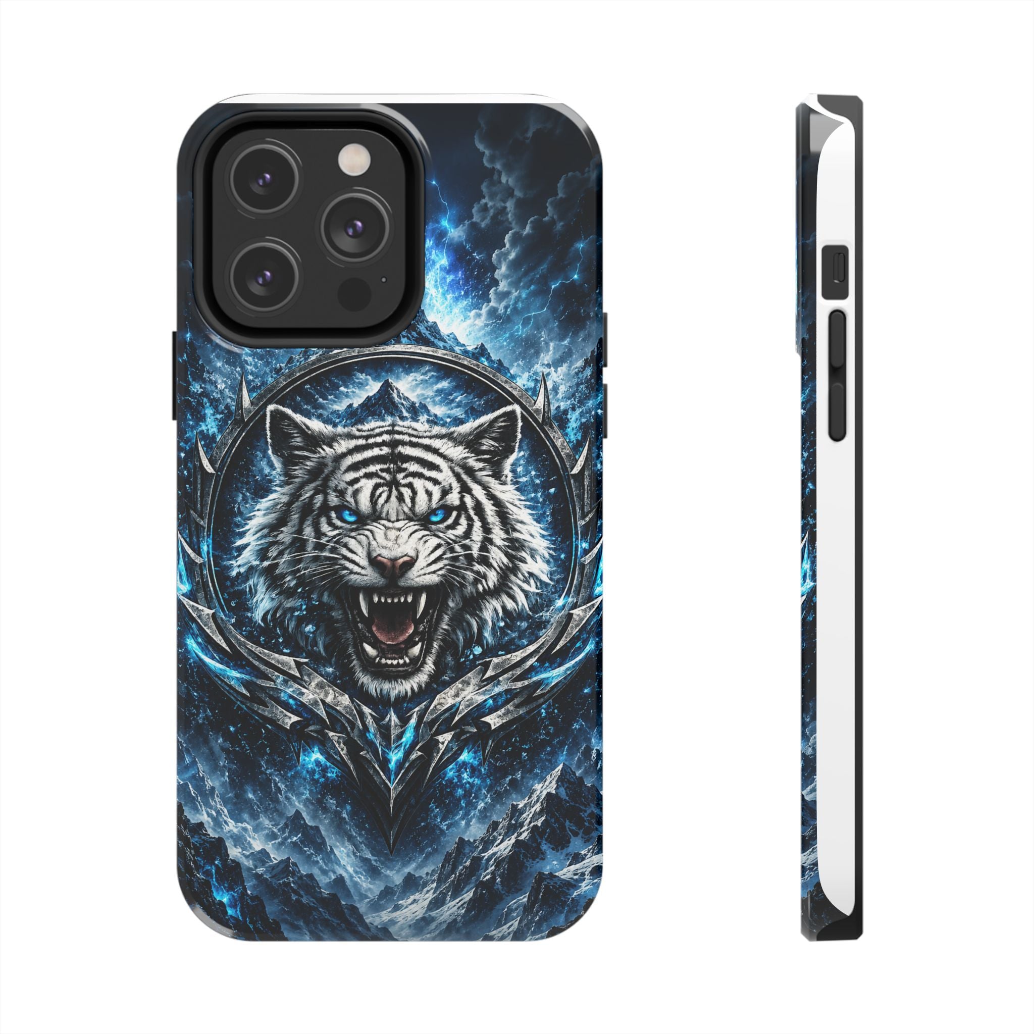 Blue White Tiger Tough Phone Case — Rugged Armor Cover with Fierce Snow Tiger Design
