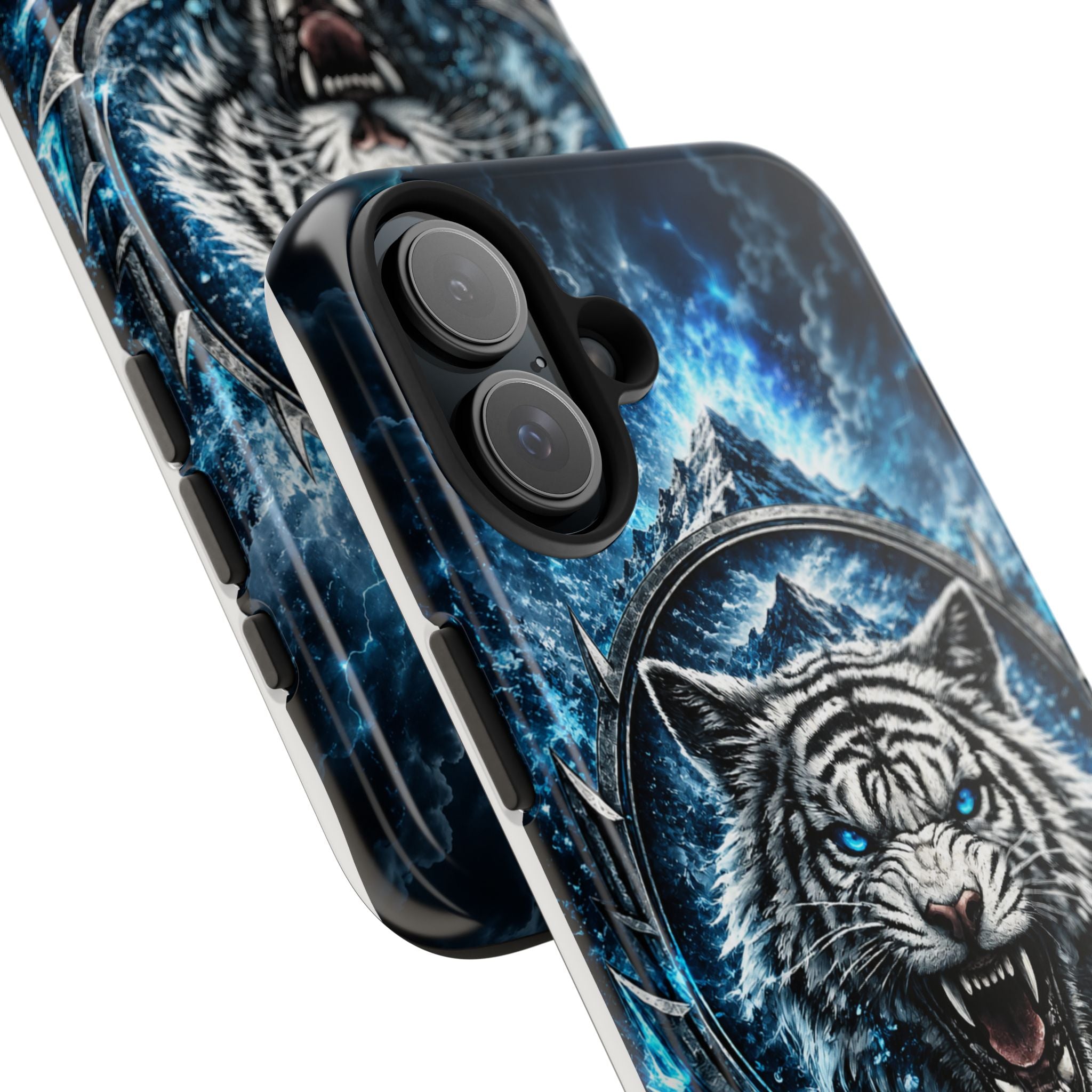 Blue White Tiger Tough Phone Case — Rugged Armor Cover with Fierce Snow Tiger Design