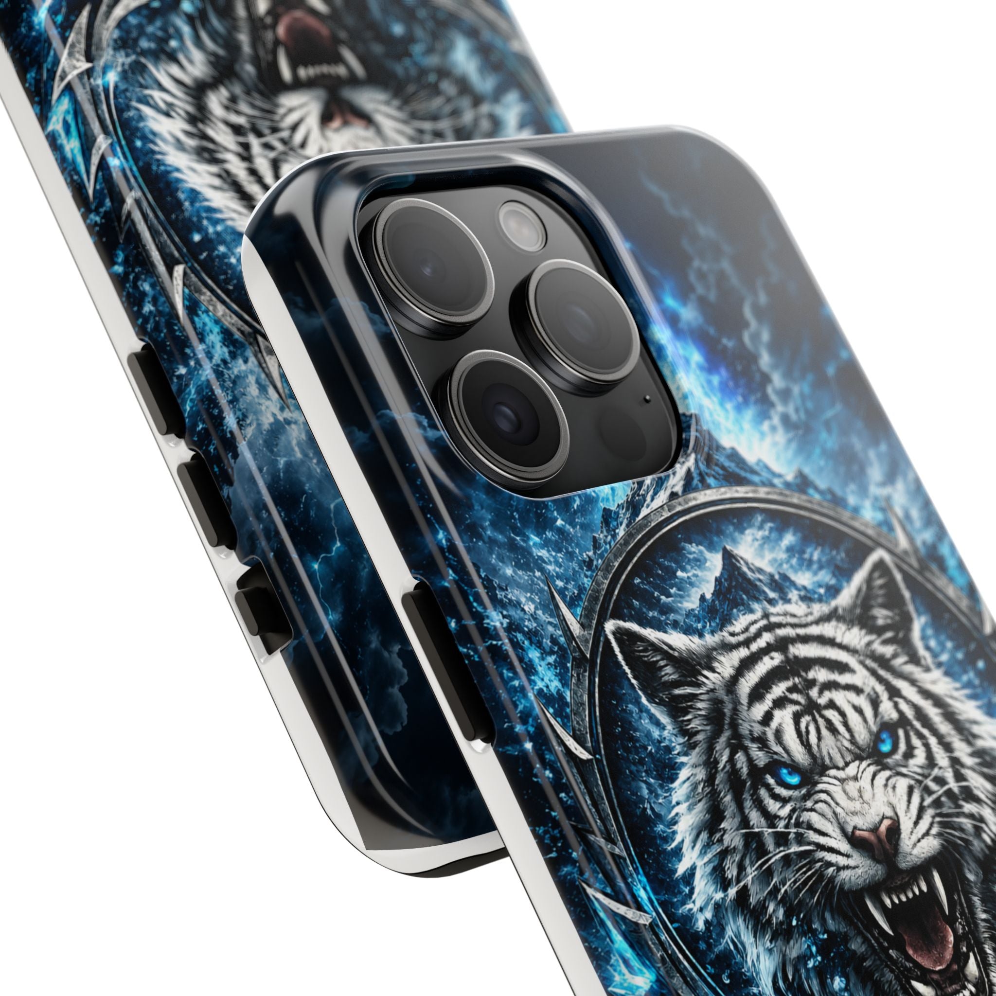 Blue White Tiger Tough Phone Case — Rugged Armor Cover with Fierce Snow Tiger Design