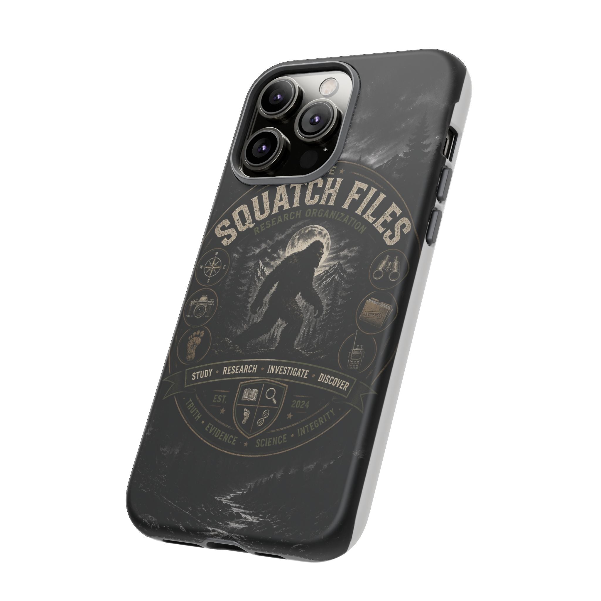 Squatch Files Research Organization Phone Case — Bigfoot Sasquatch Moonlit Forest Design