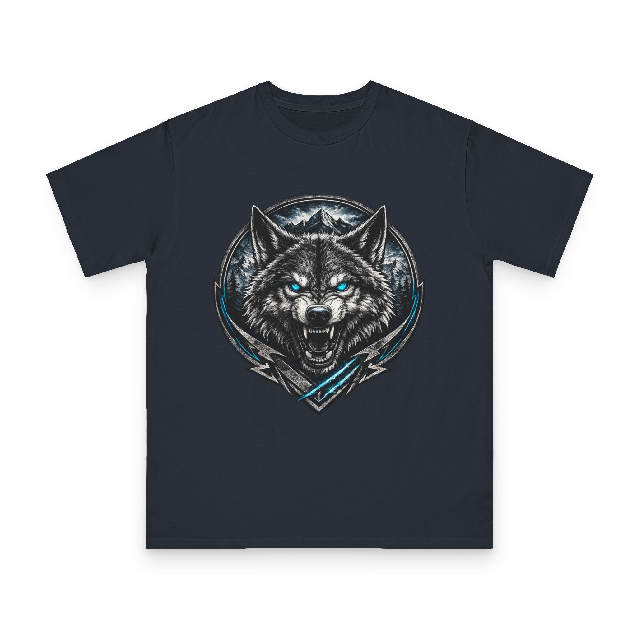 Wolf Head Graphic T-Shirt — Fierce Blue-Eyed Wolf Crest Tee