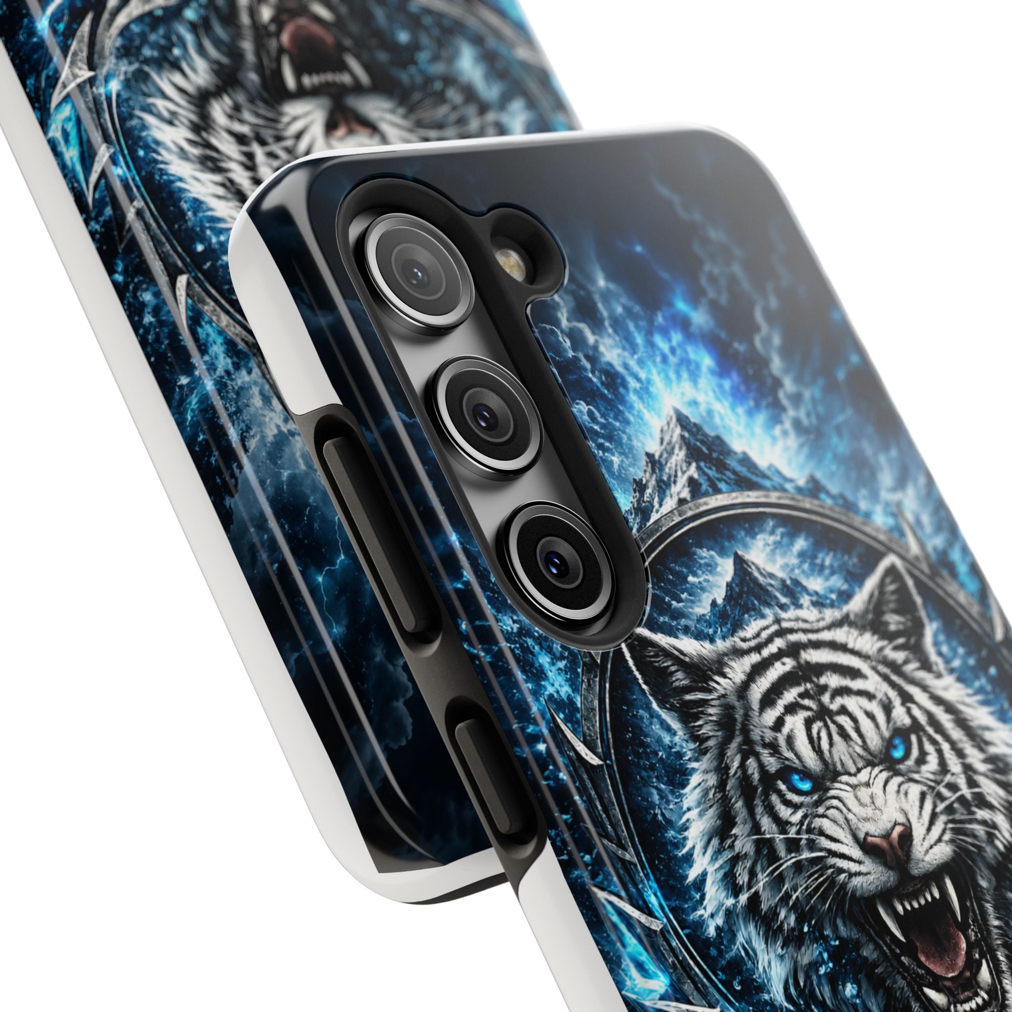 Blue White Tiger Tough Phone Case — Rugged Armor Cover with Fierce Snow Tiger Design