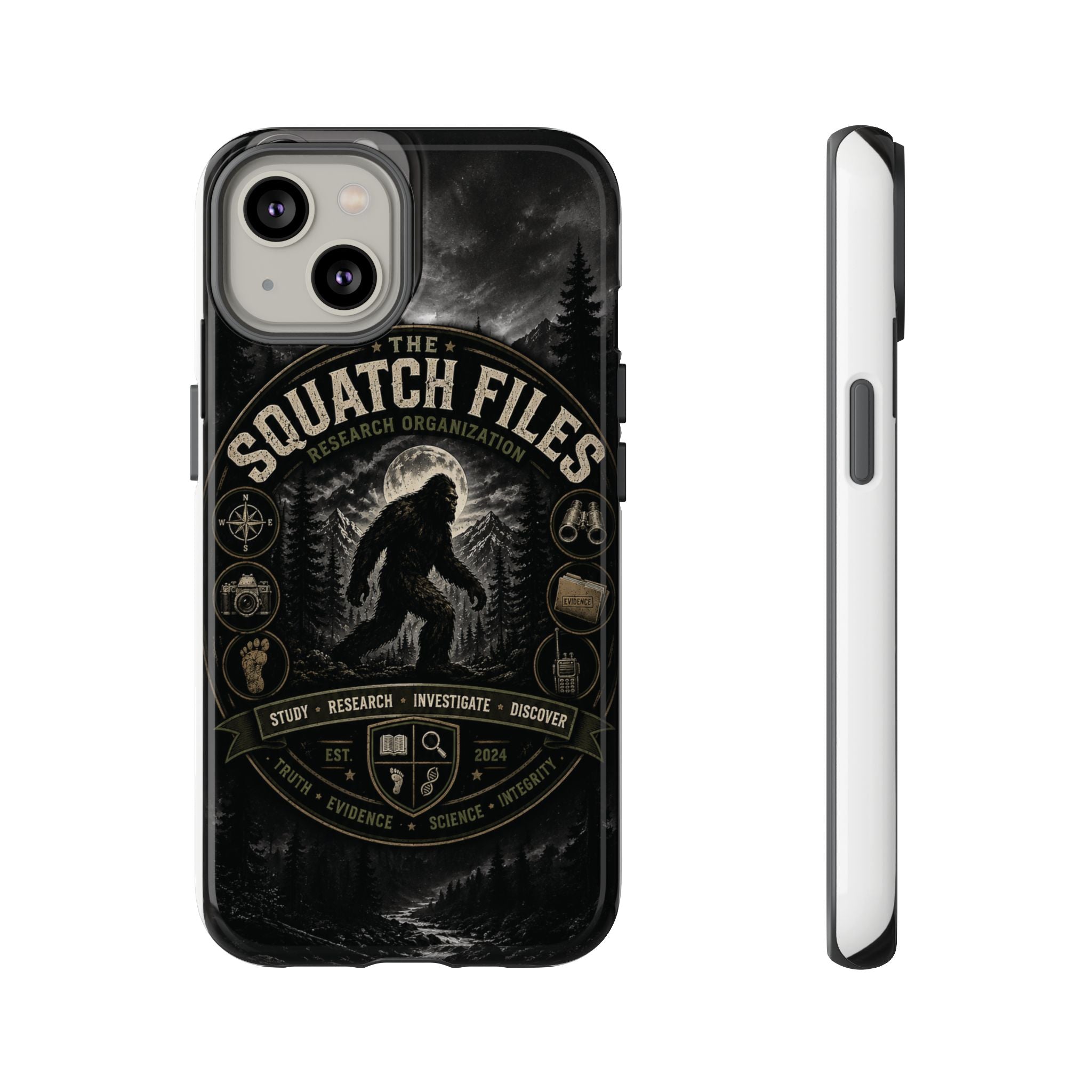 Squatch Files Research Organization Phone Case — Bigfoot Sasquatch Moonlit Forest Design